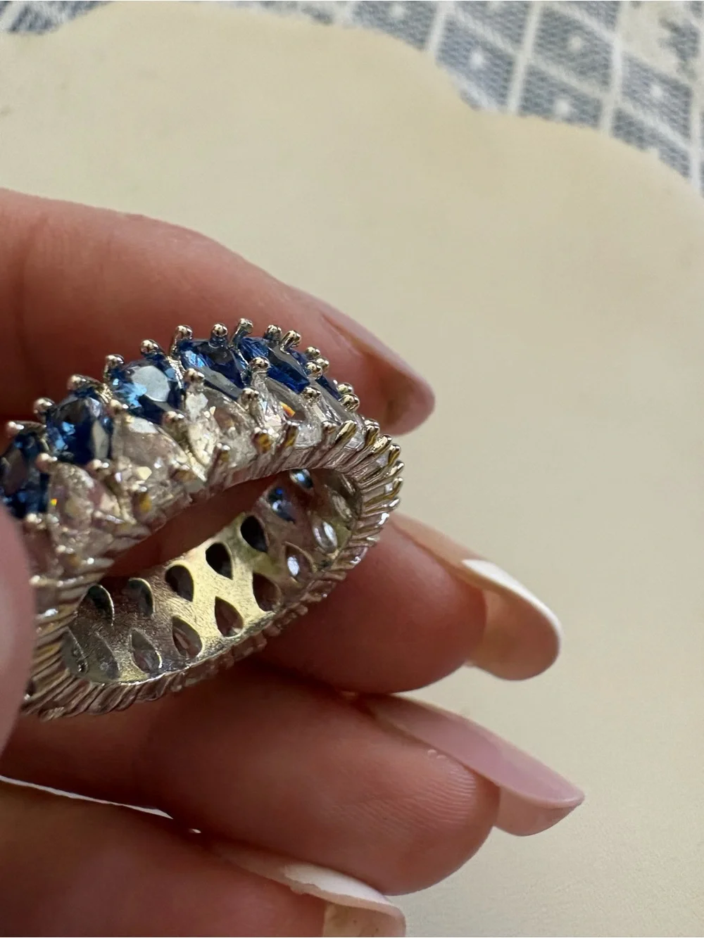 Silver over stainless Blue and White Teardrop Cubic Zirconia Eternity Ring NWOT